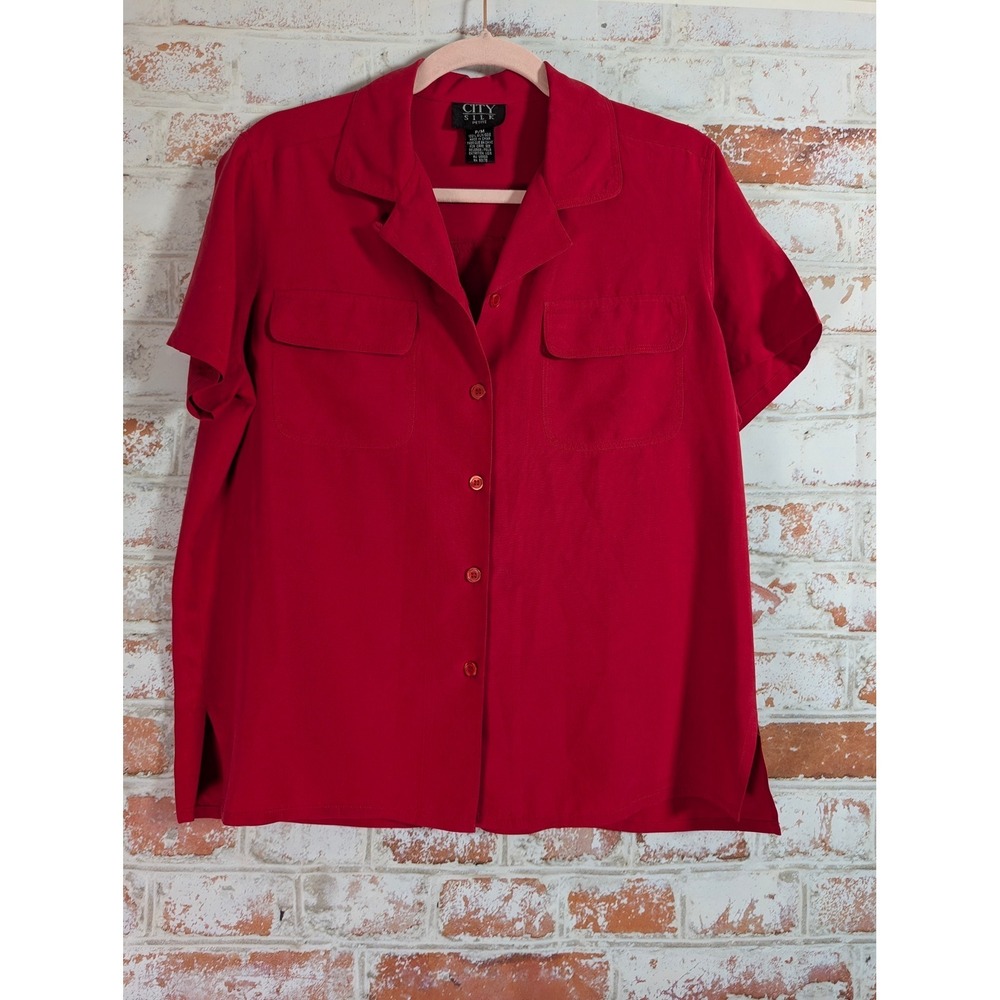 City Silk Button Down Shirt Womens PM Red 100% Silk Vintage Blouse
